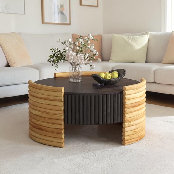 GZXS Modern Farmhouse Striped Round Coffee Table with Hidden Storage, 31.5" Flip-Top Circle Center Table for Living Room, Small Spaces, Dark Brown+Wood