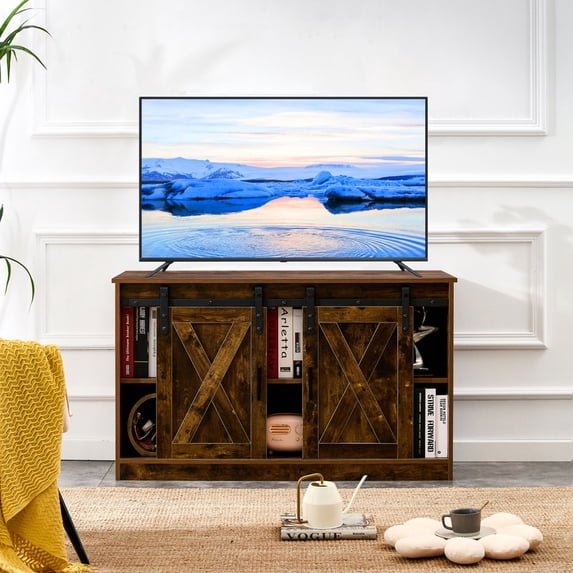GZXS Modern Farmhouse TV Stand with Sliding Barn Doors, Media Entertainment Center Console Table, 2-Tier Large Storage Cabinets,Rustic TV Stand for Living Room Bedroom, Rustic Brown