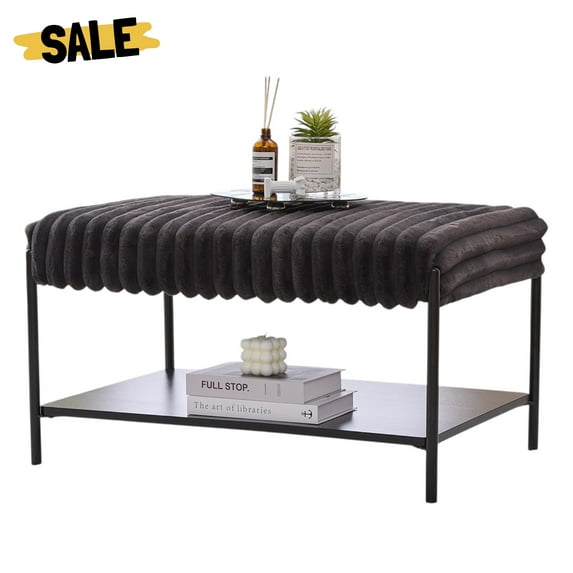 GZXS Modern Faux Fur Storage Ottoman in Charcoal, 30.7"W Upholstered Coffee Table Footrest with Open Shelf & Metal Legs, for Bedroom, Entryway, Living Room