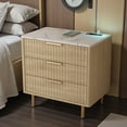 thumbnail image 1 of GZXS Modern Fluted Nightstand with 3 Drawers, USB & AC Charging Station, Voice-Controlled Night Light, Bedside End Table for Bedroom, Light Wood with White Faux Marbling Texture Top, 1 of 7