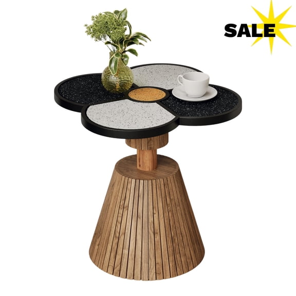 GZXS Modern Four-Leaf Clover Side Table, Compact Accent End Table with Unique Resin Blended Gravel Top and Fluted Pedestal Base, Ideal for Small Spaces (Natural)