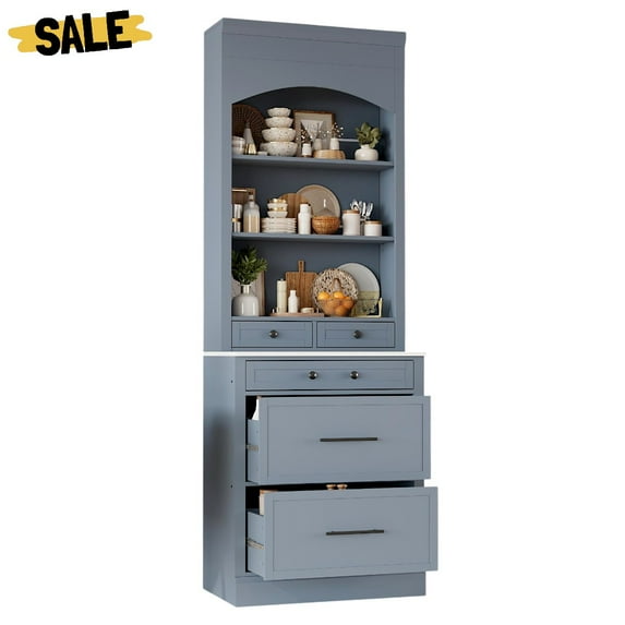 GZXS Modern Freestanding Tall Buffet Cabinet with Hutch 5 Drawer Storage, Adjustable Shelves, and Faux Marble Top for Kitchen, Dining & Living Spaces, Gray