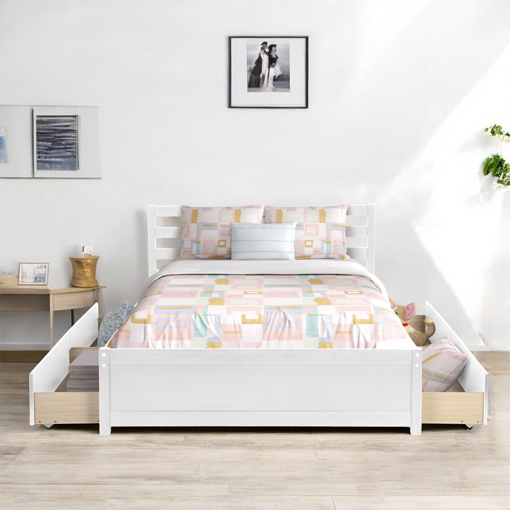 GZXS Full Size Wooden Platform Bed Frame with 4 Storage Drawers, White ...