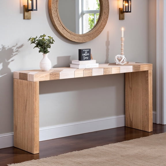 GZXS Modern Geometric Console Table with Chevron-Pattern Wood Top, 62" Long Entryway Accent Table for Hallway, Foyer, Living Room or Home Office (Natural)
