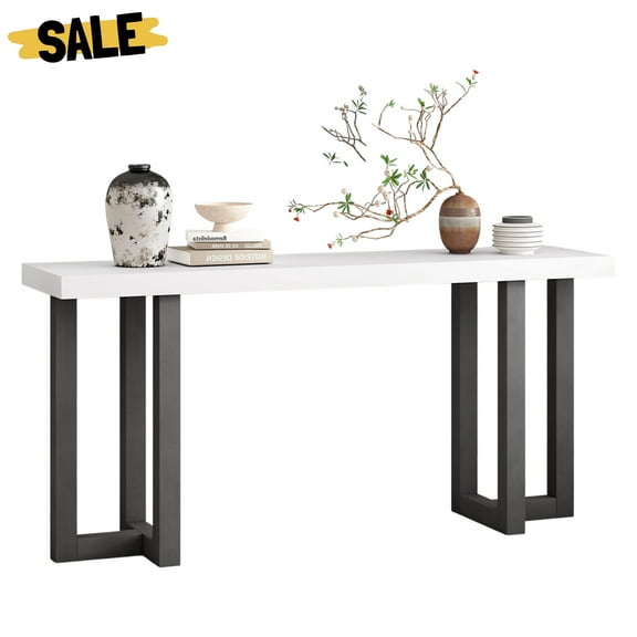GZXS Modern Geometric Console Table with Solid Pine Legs, 63" Entryway Table for Living Room, Hallway, Bedroom (Gray+White)