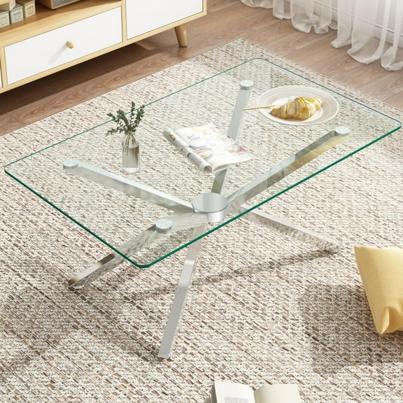 GZXS Modern Glass Coffee Table for Living Room, Clear Tempered Glass Top with Sleek Silver Metal Legs, 39" Rectangle Accent Table