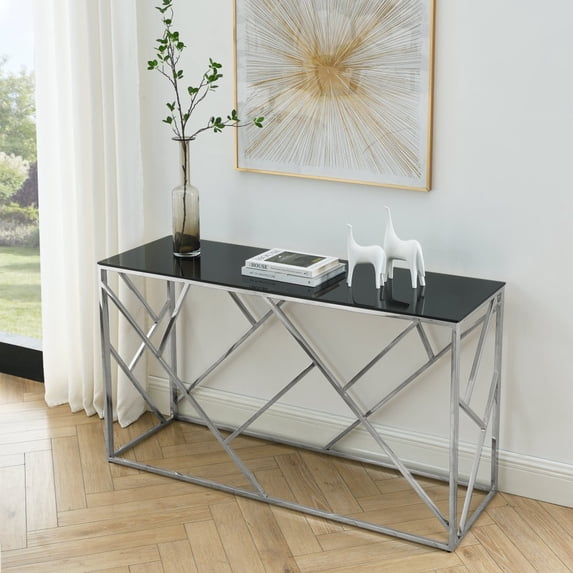 GZXS Modern Glass Console Table, 55" Display Sofa Table with Metal Frame in Chrome Finish, for Entryway Hallway Living Room