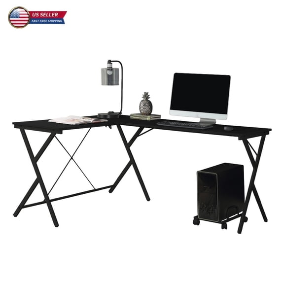 GZXS Modern L-Shaped Computer Desk with Mobile CPU Stand – 62" Corner Desk with X-Frame Metal Base – Black
