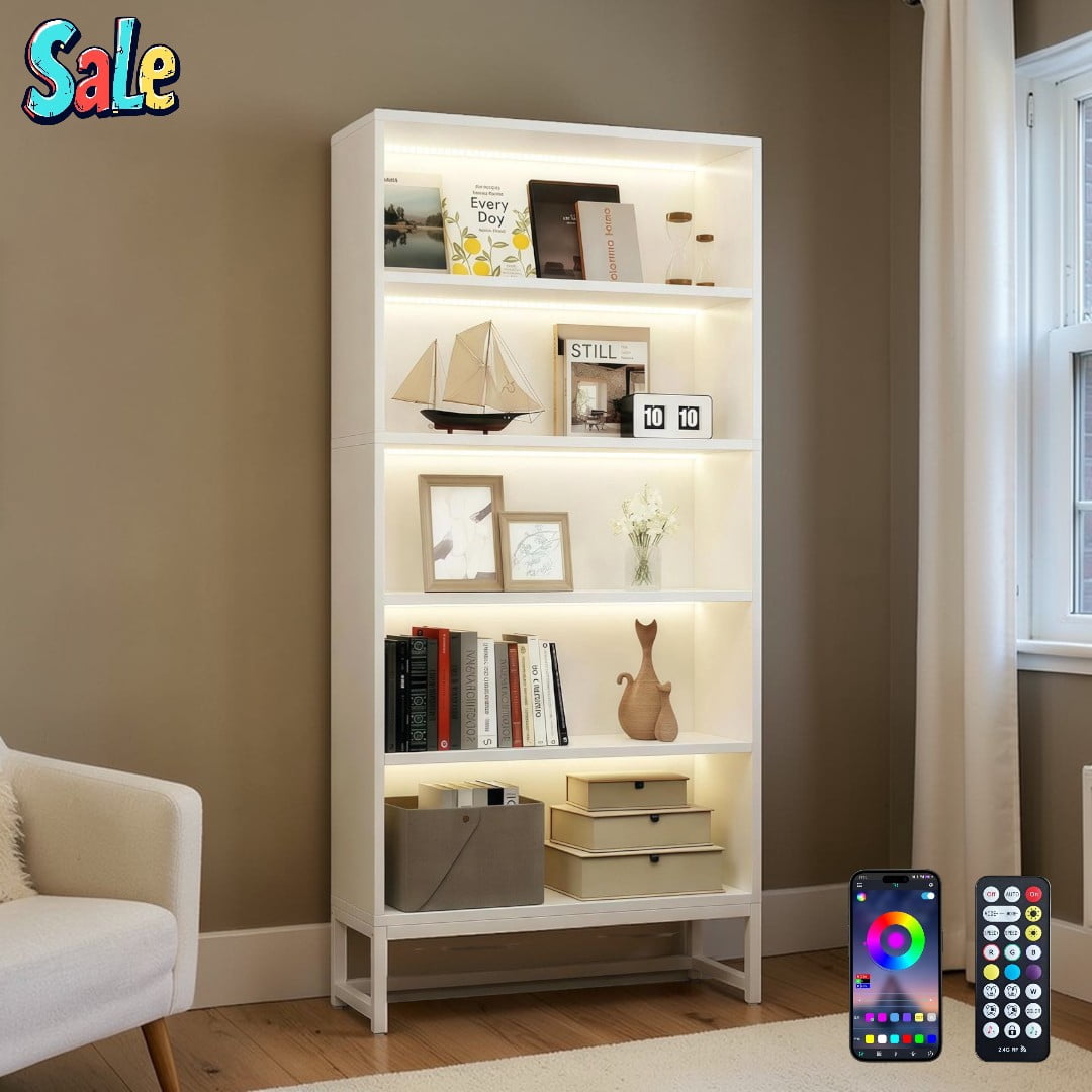 GZXS Modern LED Bookshelf, Freestanding Storage Bookcase with RGB ...