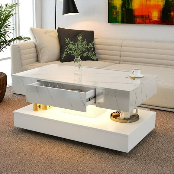 GZXS Modern LED Coffee Table with 2 Storage Drawers – RGB Lighting & Remote Control, Rectangular Design for Living Room, 39.37"L x 21.65"W x 16.93"H, White