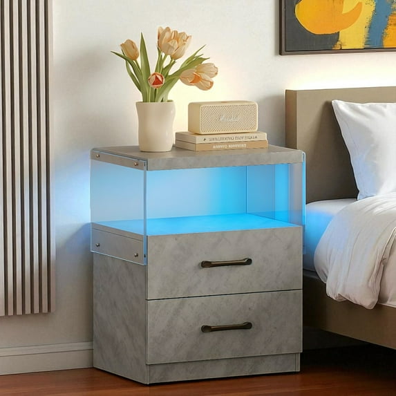 GZXS Modern LED Nightstand with Charging Station, 2 Storage Drawers, Adjustable Light Colors, Stylish Bedside or End Table for Bedroom, Living Room, Small Space (Gray)
