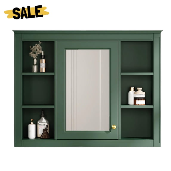 GZXS Modern MDF Bathroom Wall Cabinet with Single Mirror Door, Gold Metal Handles, Adjustable Shelf & Open Storage, Green