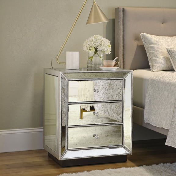 GZXS Modern Mirrored Nightstand with 3 Drawers and Crystal Knobs for Bedroom, Living Room or Home Office, 22"L x 16.5"W x 26.8", Silver