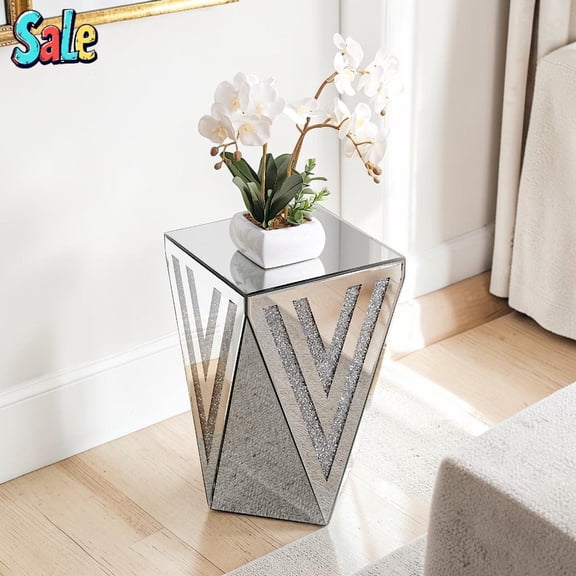 GZXS Modern Mirrored Side Table, 13.8" Silver Glass End Desk with Crystal Diamond Inlaid, No Assembly Compact Accent Table for Sofa/Bedside or Living Corner
