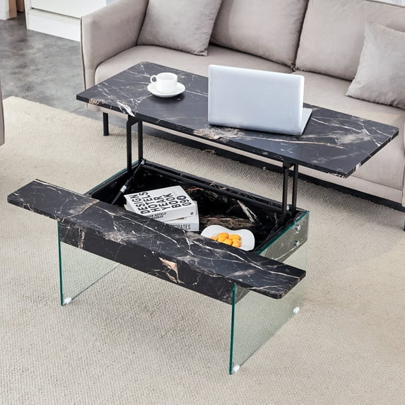 GZXS Modern Multifunctional Coffee Table with Lift Top & Clear Glass Legs – Ideal for Living Room or Home Office (Black Marbling)
