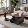 thumbnail image 1 of GZXS Modern Nesting Table Set of 2 - Oval Coffee Table and Round End Table, Luxury Accent Table w/ Metal Base, for Living Room and Apartment (Brown&Black), 1 of 9