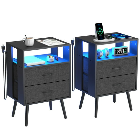 GZXS Modern Nightstands Set of 2, LED Bedside Tables with USB & AC Outlets, Remote-Control Lights, 2 Fabric Drawers and Iron Frame, Black