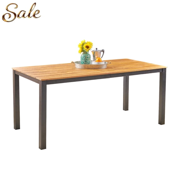 GZXS Modern Outdoor Dining Table, 70.75" x 34" Acacia Wood Rectangular Patio Table with Straight Metal Legs, Easy Assembly for Porch, Deck, and Outdoor Entertaining (Teak & Black)