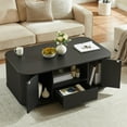thumbnail image 1 of GZXS Modern Oval Coffee Table with Wavy Contour, 2 Drawers & Cabinets, Rustic Wood Grain Top, Living Room Center Table with Storage, 46.5"L x 27.2"W x 17.7"H, Black, 1 of 8