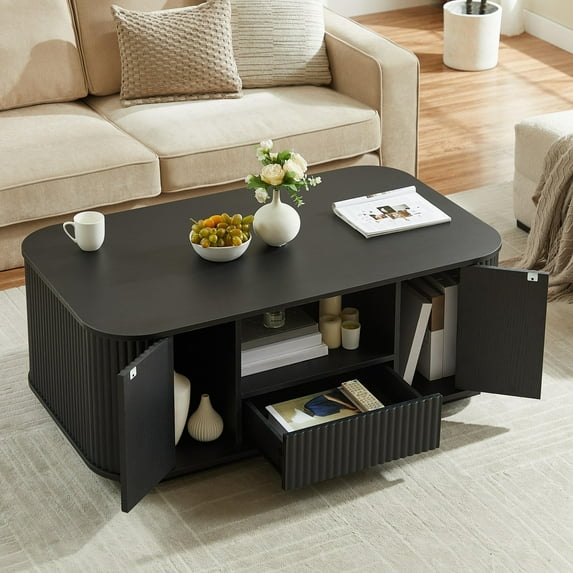 GZXS Modern Oval Coffee Table with Wavy Contour, 2 Drawers & Cabinets, Rustic Wood Grain Top, Living Room Center Table with Storage, 46.5"L x 27.2"W x 17.7"H, Black