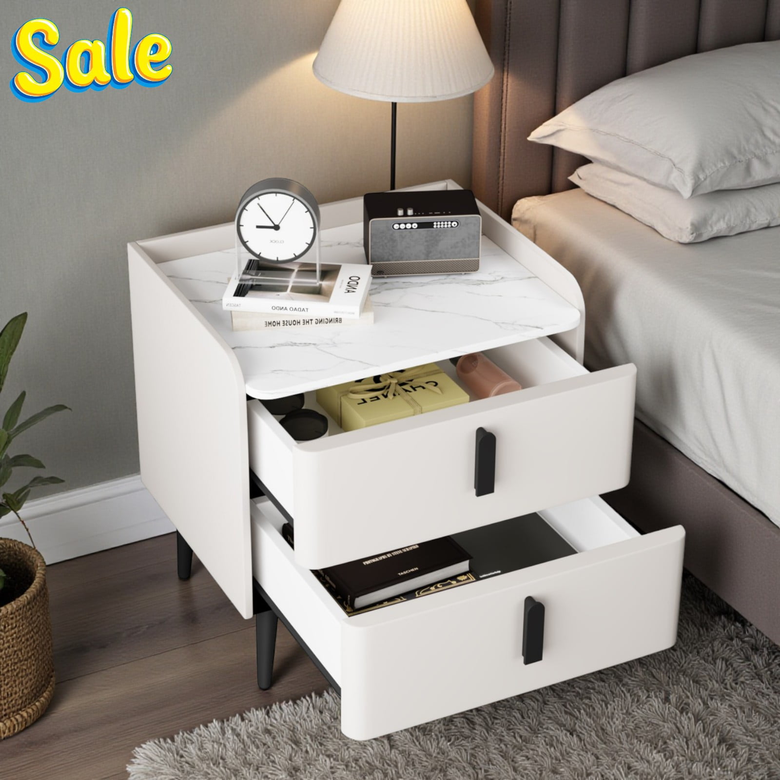 GZXS Modern PU Nightstand with 2 Drawers, Marble Look Top and 3-Sided ...