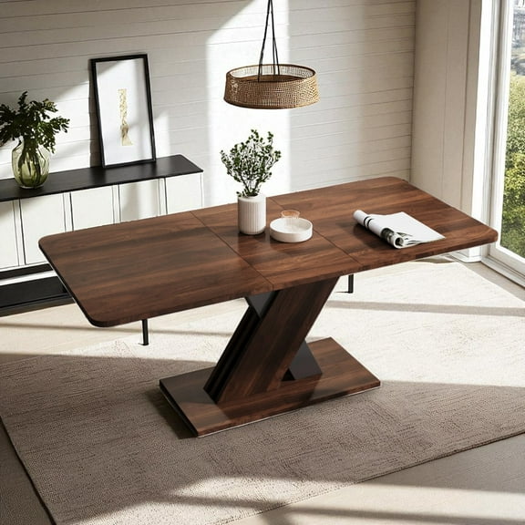 GZXS Modern Rectangle Extendable Dining Table for 4–8 People, Wood-Look Tabletop with Geometric X-Base, 55.12"-70.87" Multifunctional Wooden Kitchen Table in Walnut Finish