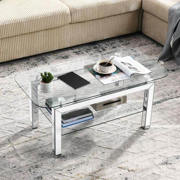GZXS Modern Rectangular Tempered Glass Coffee Table, 2-Tier Accent Center Table with Mirrored Stainless Steel Legs, for Living Room, Reception Room (Silver, 40"L x 20"W x 18"H)