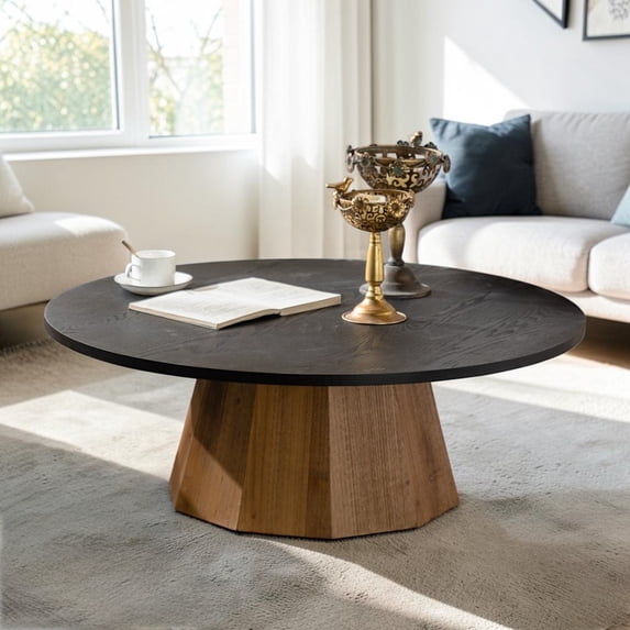 GZXS Modern Round Coffee Table, 35.04" Dia MDF Center Table with Pedestal Base, for Home Entertainment Space Living Room, Black+Wood