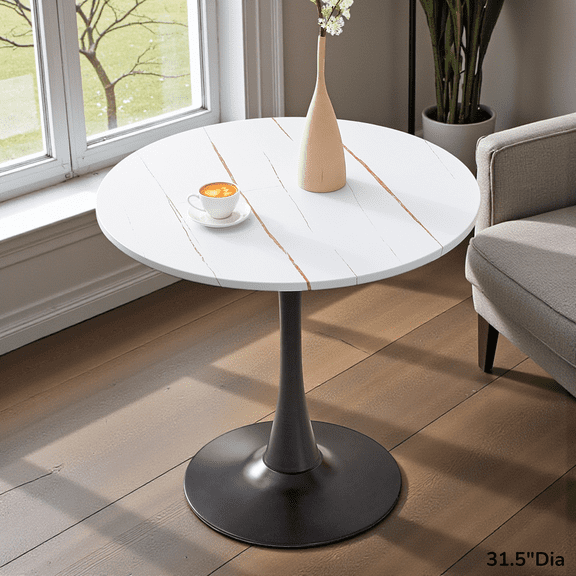 GZXS Modern Round Dining Table, 31.5 Inch MDF Kitchen Table with Sturdy Black Metal Pedestal Base, White Faux Marbling Dinner Table for 2-4 People, Easy Assembly