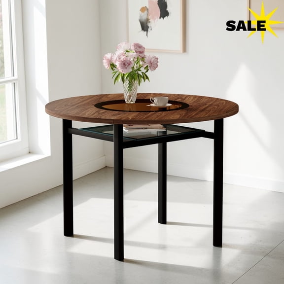 GZXS Modern Round Dining Table, 42" White Marbling MDF Dinner Table with Center Gray Tempered Glass Inlay and Clear Lower Glass Shelf, for Dining Area or Breakfast Nook