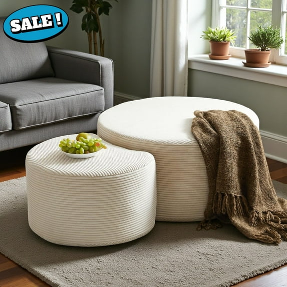GZXS Modern Round Nesting Tables Set of 2 - Beige Corduroy Foam Upholstered Ottomans with Contour Design, No Assembly Needed, for Living Room and Bedroom
