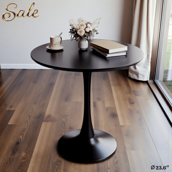 GZXS Modern Round Pedestal Table in Black, 23.6" Dia Compact MDF Dining Table w/ Metal Base, Multi-Use for Kitchen, Living Room, or Office, Easy Assembly