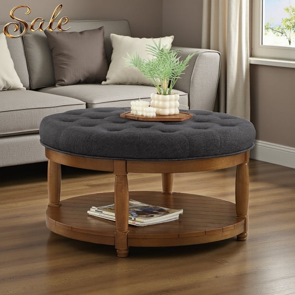 GZXS Modern Round Upholstered Center Coffee Table with Button Tufted Top and Open Storage Shelf, Solid Wood Frame, 32.5" Accent Ottoman in Charcoal, for Home Office and Living Space