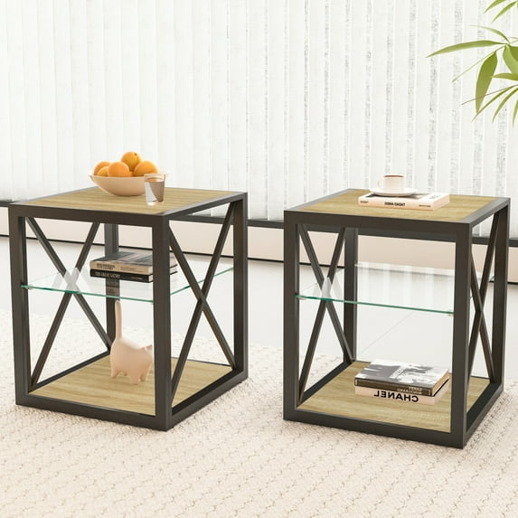 GZXS Modern Rustic Side Tables Set of 2, Natural Wood-Grain Top Square End Table with Tempered Glass Shelf and Metal Frame - 17.72"L x 17.72"W x 21.07"H
