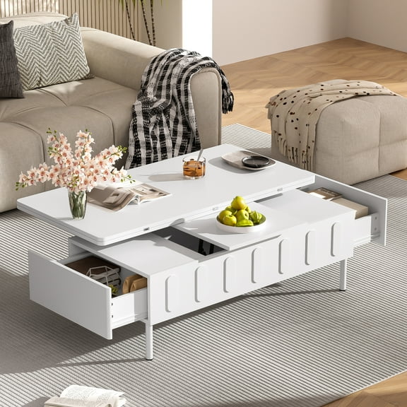 GZXS Modern Space-Saving Lift-Top Coffee Table with Storage Drawers, Convertible Work Desk and Dining Table, Rectangular Center Table w/ Metal Legs, 43.3"L x 21.7"W x 14.8"H, White