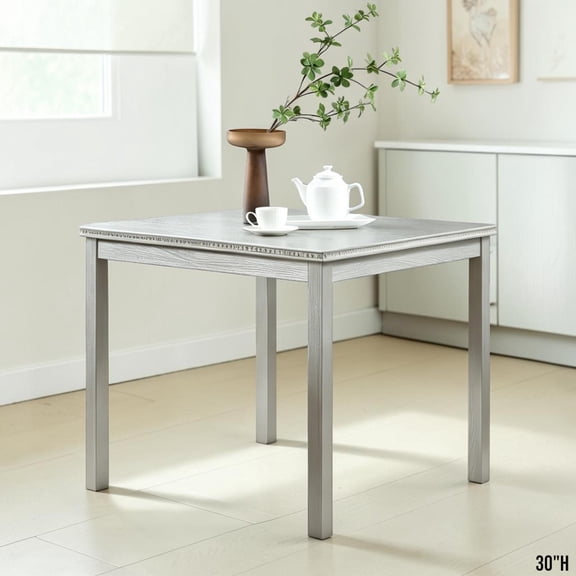 GZXS Modern Square Dining Table with Crystal Accent Trim, Faux Wood Grain MDF Kitchen Table with Solid Wood Legs for Dining Areas or Small Apartments, 34.5"L x 34.5"W x 30"H, Silver Gray