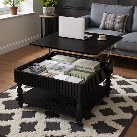 GZXS Modern Square Lift Top Coffee Table in Fluted Design, Accent Cocktail Tea Table with Hidden Compartment and Open Shelf, Easy Assembly for Small Spaces, Black
