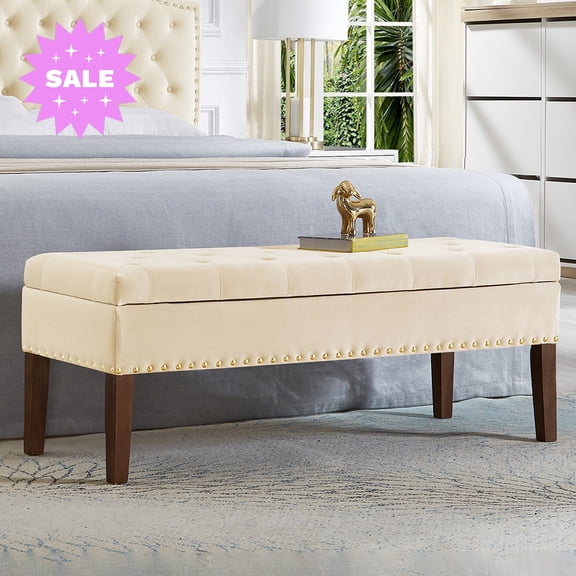 GZXS Modern Storage Ottoman Bench, 48" Button Tufted Velvet Upholstered Entryway Shoe Bench with Rubber Wood Legs, Easy to Assemble, Cream
