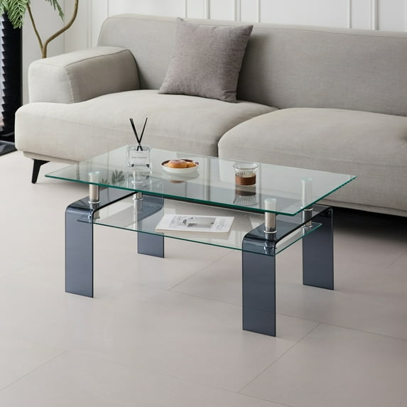 GZXS Modern Tempered Glass Coffee Table - 2-Tier Rectangular Clear Glass Center Table with Brown Glass Legs, Easy Assembly (Smoke Gray)