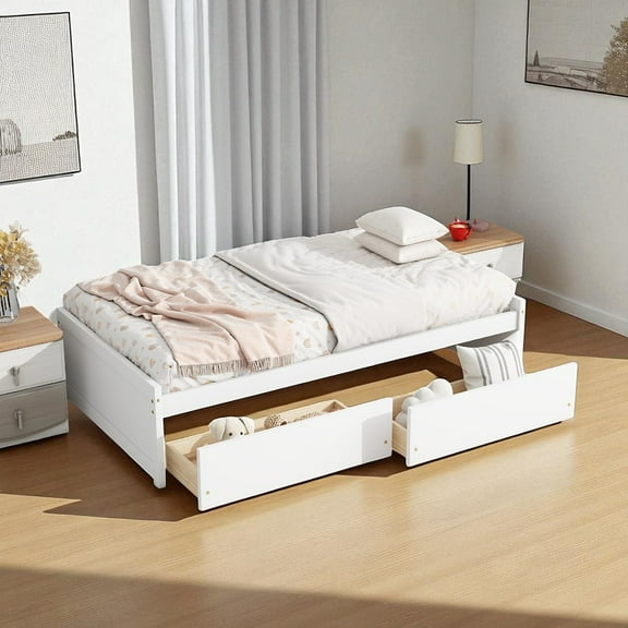 GZXS Modern Twin Platform Bed with 2 Smooth-Glide Storage Drawers, Solid Wood Frame, Minimalist Design for Small Bedroom or Guest Room (White)