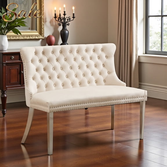 GZXS Modern Upholstered Banquette Dining Bench, 45.6" 2-Settee Tufted Bench Loveseat with Nailhead Trim, Silver Stainless Steel Legs for Dining/Living Room, Hallway/Entrance Seating, Beige Velvet