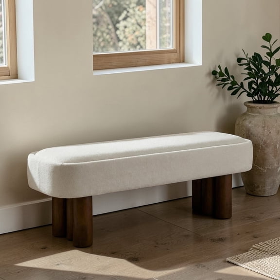 GZXS Modern Upholstered Entryway/Dining Bench with Plush Beige Seat & Rubberwood Frame, Walnut Legs, 51.57"L x 17.52"W x 18.7"H, Contemporary Style for Small Spaces