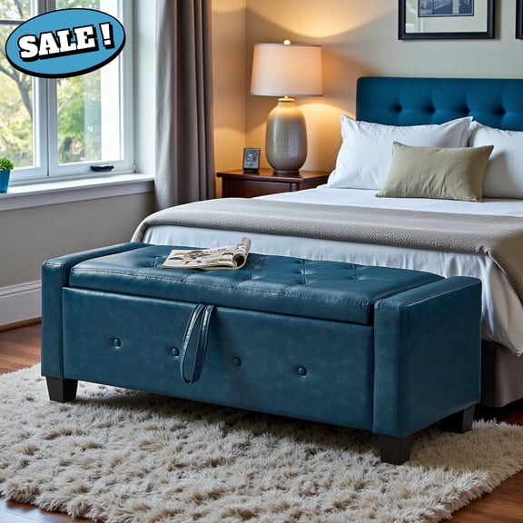 GZXS Modern Upholstered Ottoman with Storage, PU Leather Entryway Shoe Bench, End of Bed Bench with Flip Top for Bedroom, Living Room, 48"L x 18.1"W x 17"H, Blue