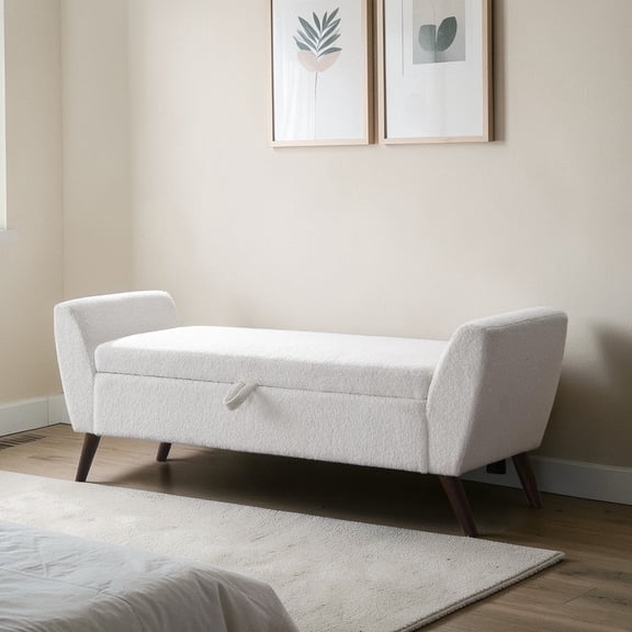 GZXS Modern Upholstered Storage Bench in Cream Teddy, 60" Long Bedroom Bench with Robust Hinges and Armrest Design, for End of Bed/Windows/Entrance/Living Space