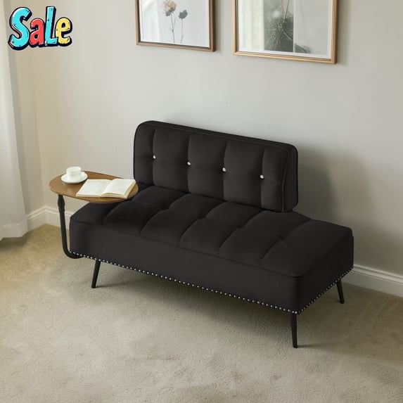 GZXS Modern Velvet Bench with Back and Rotating Side Table, 54" Upholstered Seating Sofa with Wood Frame and Metal Legs, 500lbs Weight Capacity, Black