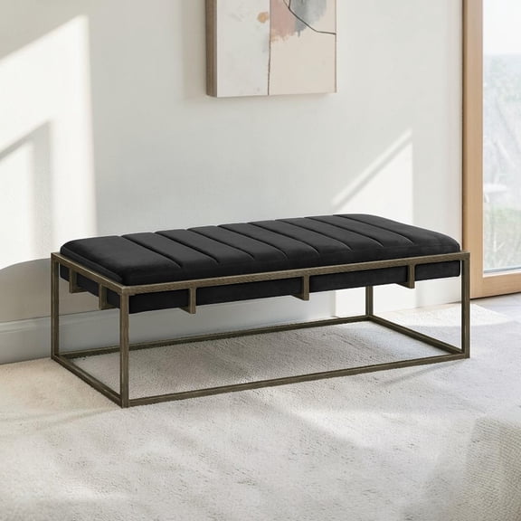 GZXS Modern Velvet Ottoman Bench, 49" Channel Tufted Upholstered Seat with Brass Metal Frame, for Living Room/Hallway/Windows/End of Bed, Black & Brass