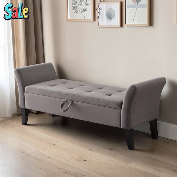 GZXS Modern Velvet Storage Bench with Arms, Flip-Top Ottoman w/ Button-Tufted Seat & Solid Wood Legs, Multipurpose Seating for Hallway, Windows, Bedroom, Living Room, Gray