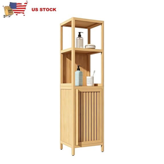 GZXS Multi-Functional Bamboo Bathroom Cabinet, 52"H Slim Linen Tower with Open Shelves & Slatted Door, Freestanding Storage Organizer for Bedroom/Kitchen/Living Room, Easy Assembly (Natural)