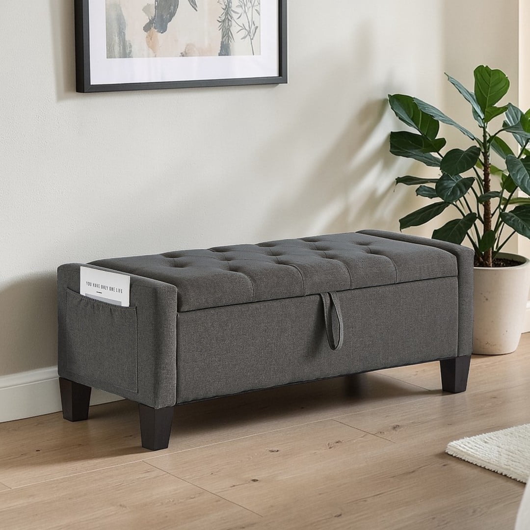 GZXS Multi-Functional Entryway Bench with Hidden Storage & Side Magazine Pocket - 45"L x 17"W x 17"H, Linen Fabric Upholstered Bench Ottoman with Tufted Cushion Seat, 350 lbs Capacity, Dark Gray