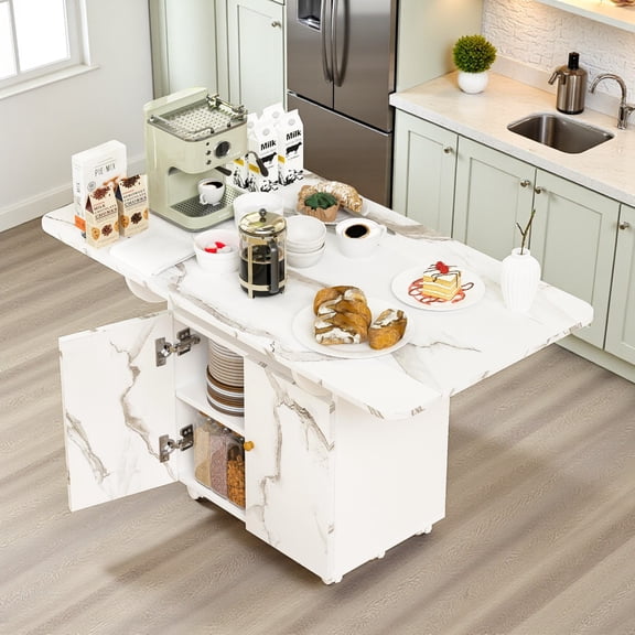 GZXS Multi-Functional Folding Table with Storage, Drop Leaf Rolling Dining Table for Kitchen or Living Room, 47" Convertible Console Desk with Wheels, White Marbling Finish